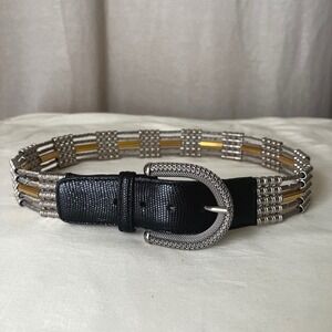 Vintage Nanni Italy Mesh Metal Belt Silver Gold Leather Buckle 30